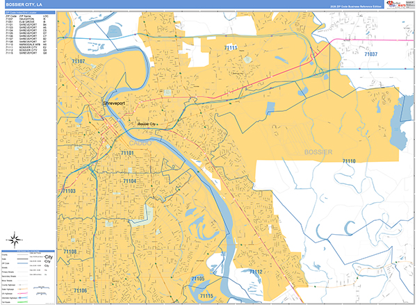 Bossier City City Wall Map Basic Style